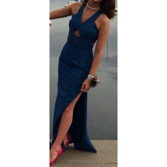 Fame and Partners Dresses & Skirts - Fame & Partners Sleeveless Maxi Bridesmaid Dress Teal Blue Size 4 deep leg slit